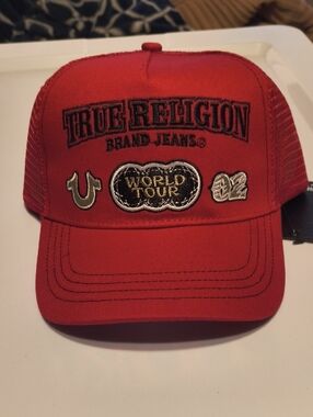 True Religion Red Embroidered 'World Tour' Patch Trucker Cap